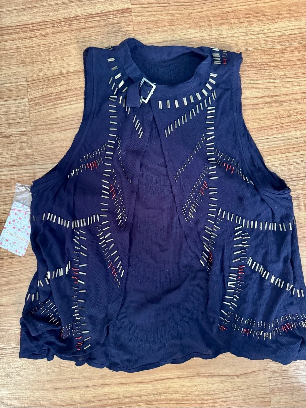 Free People Beaded Embellished Navy Sleeveless Tunic Top XS NWT $128 Boho